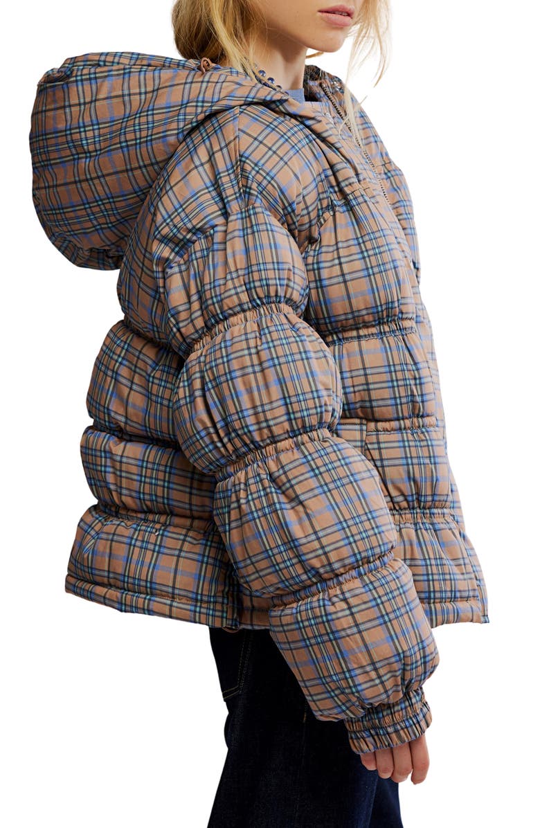 Free People Party of One Plaid Water Resistant Hooded Puffer Jacket, Alternate, color, Tan Combo