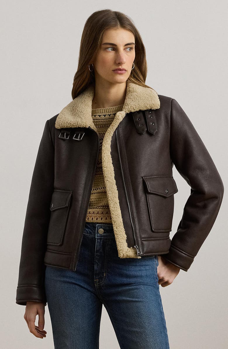 Lauren Ralph Lauren Faux Leather & Faux Shearling Bomber Jacket, Alternate, color, Circuit Brown