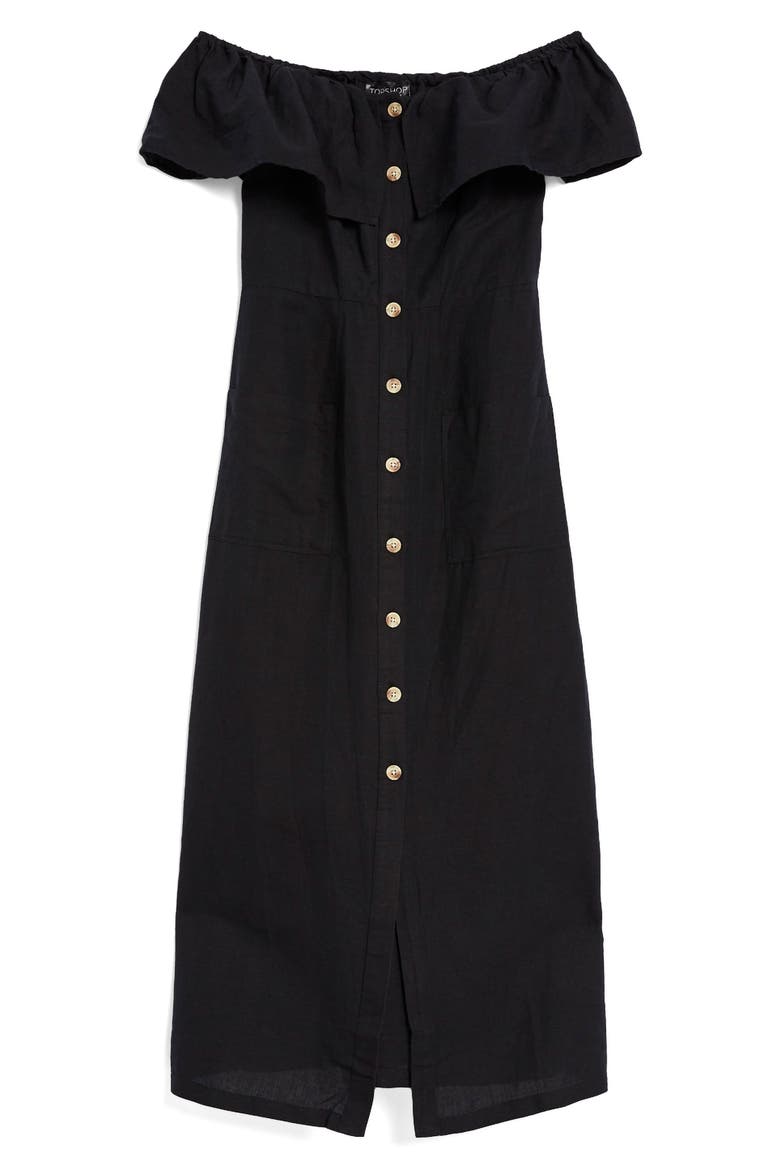 Linen Off the Shoulder Midi Dress, Alternate, color, BLACK