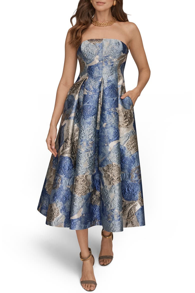 Floral Strapless Fit & Flare Midi Cocktail Dress, Main, color, WASHED INDIGO MULTI