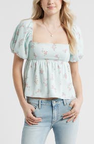 BP. Print Bubble Sleeve Babydoll Top
