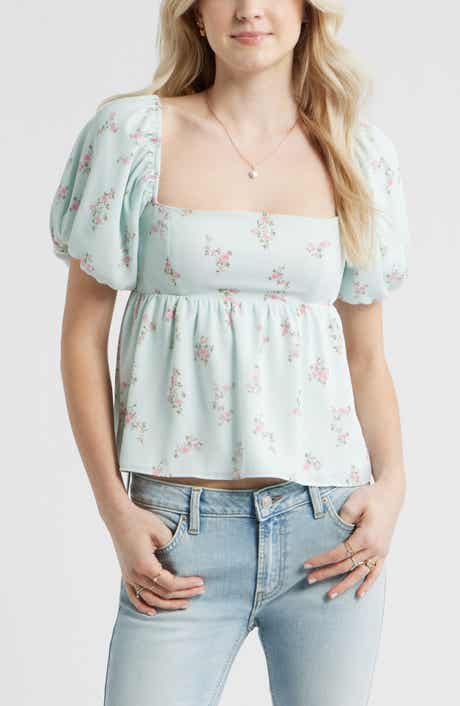 Print Bubble Sleeve Babydoll Top
