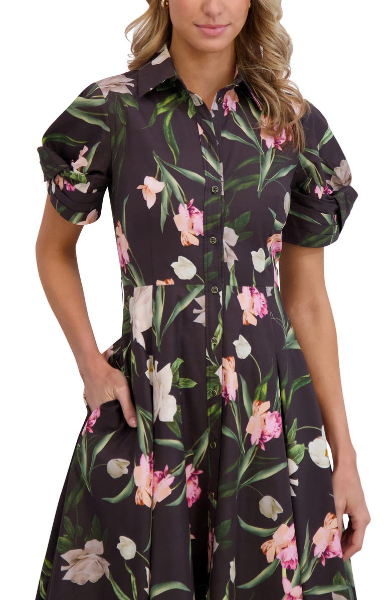 Ted Baker Floral Balloon Sleeve Cotton Shirtdress, Alternate, color, Rich Black