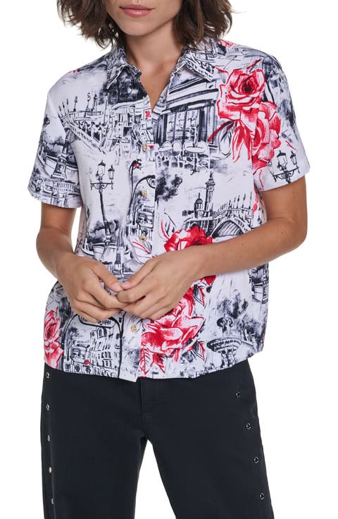 Paris Print Satin Button-Up Shirt