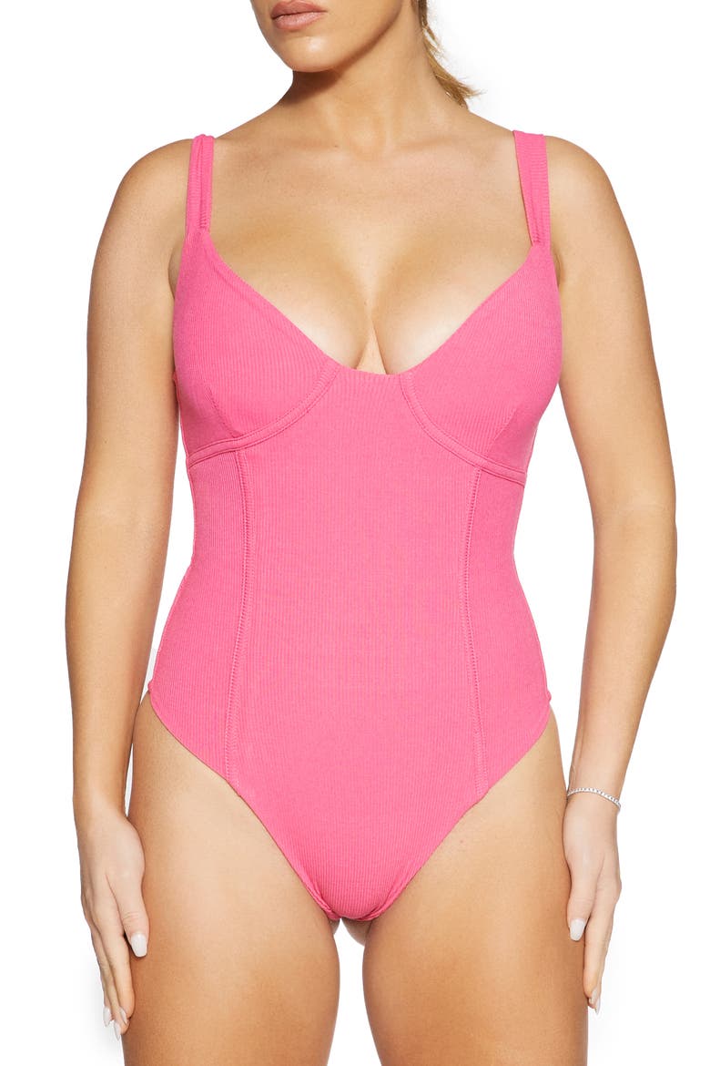 Faux Bustier Ribbed Bodysuit, Main, color, RASPBERRY