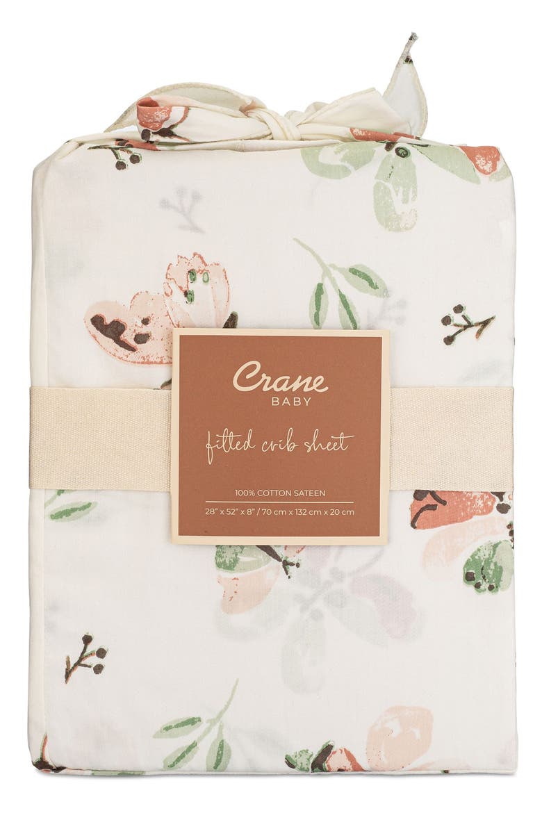 Cotton Sateen Fitted Crib Sheet, Main, color, BEIGE/ BUTTERFLY