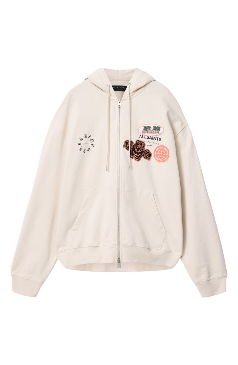AllSaints Patcher Graphic Cotton Zip Front Hoodie, Alternate, color, Dusk White