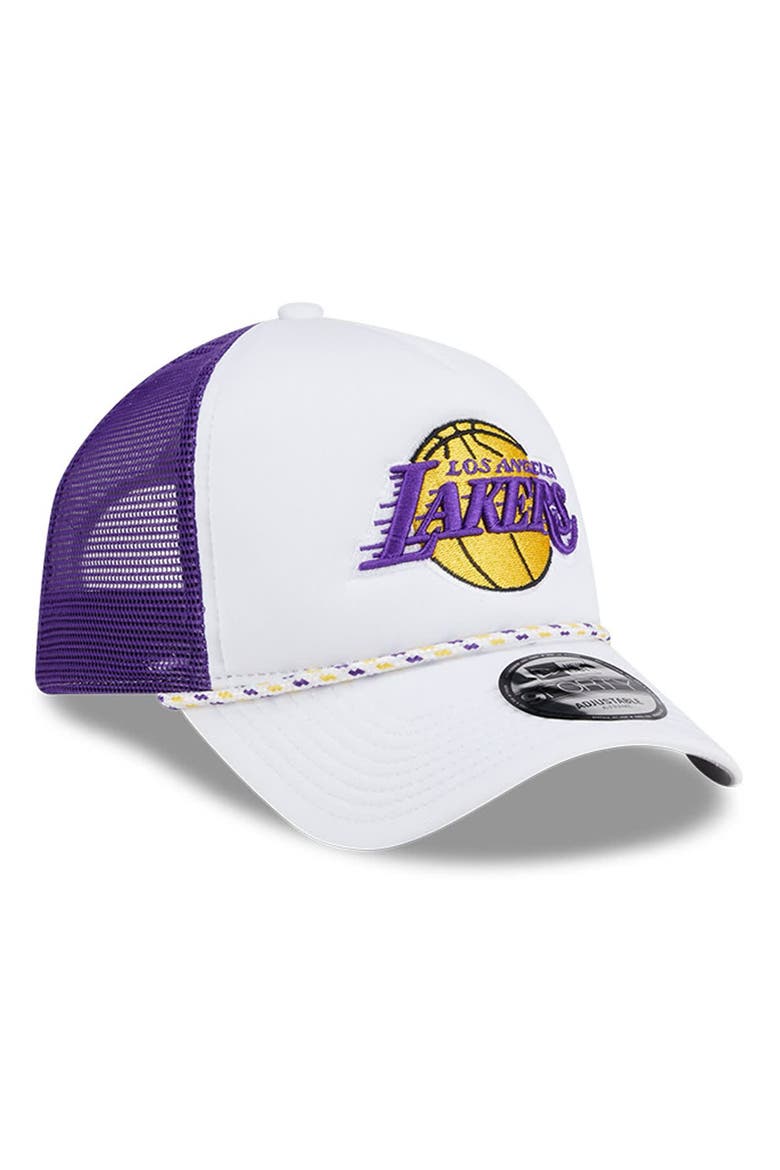 Men's New Era White/Purple Los Angeles Lakers Court Sport Foam A-Frame 9FORTY Adjustable Trucker Hat, Alternate, color, White