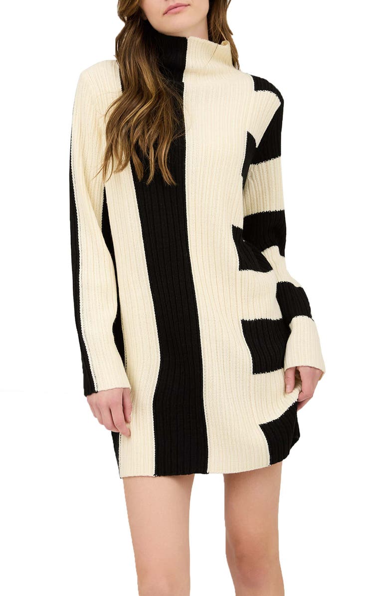 AUGUST SKY Colorblock Rib Long Sleeve Sweater Dress, Alternate, color, Ivory Multi