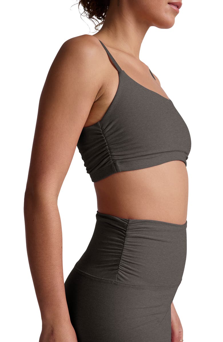Beyond Yoga Space Dye Raise the Barre Shirred Sports Bra, Alternate, color, True Gray Heather