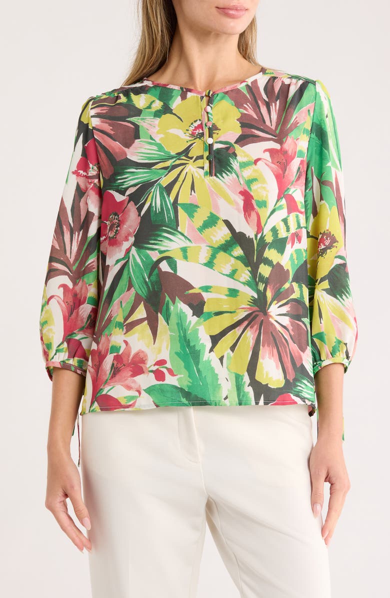 Nicole Miller Floral Long Sleeve Chiffon Top, Main, color, Barkcloth