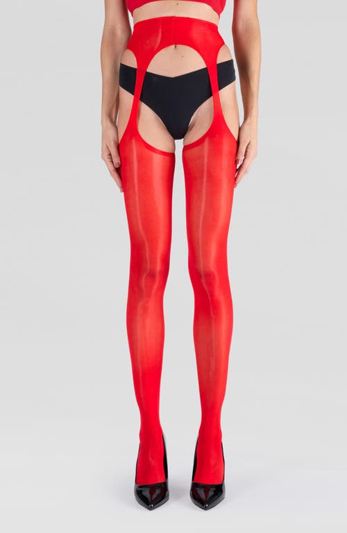 Lechery Women's Lustrous Silky Shiny Sheer Suspender Crotchless High-waist Pantyhose Tights In Red