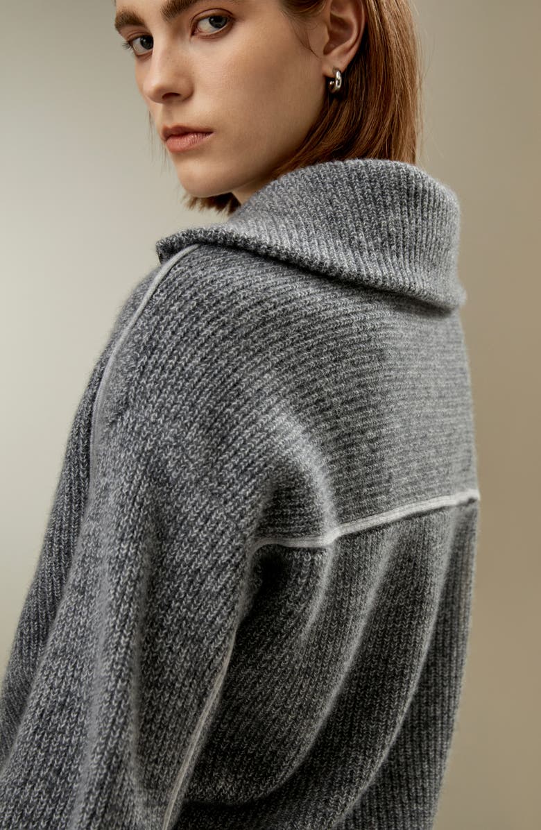 Lilysilk Women's Cashmere Half Zip-Up Ribbed Sweater, Alternate, color, Mixed Gray