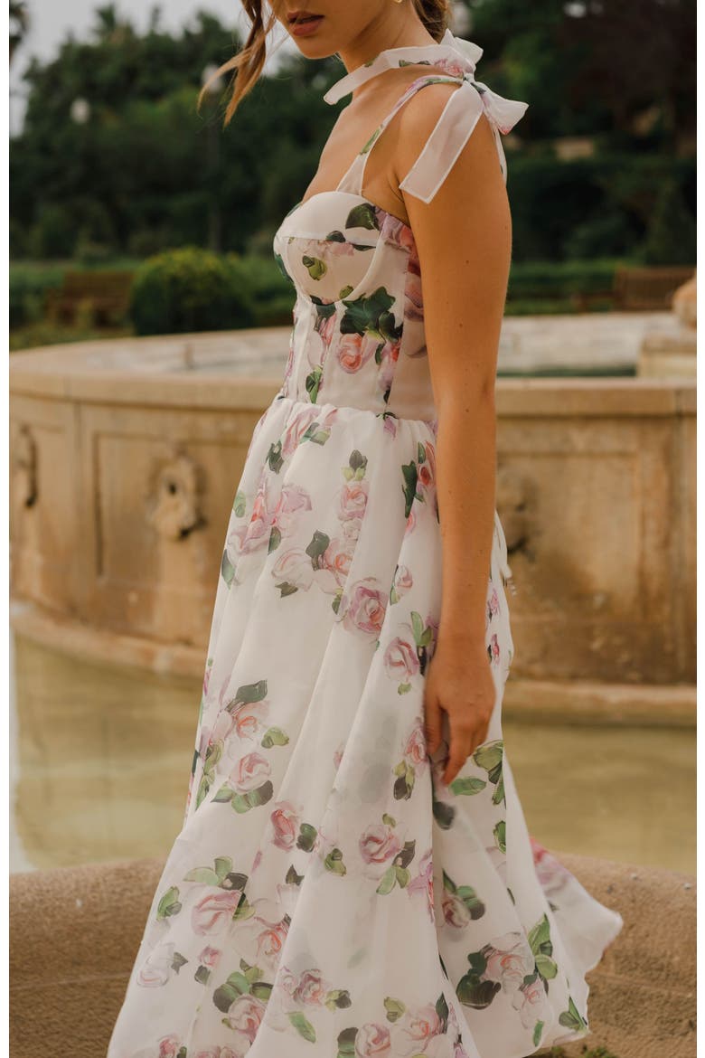 A-Line Satin Floral Midi Dress with Tie Straps for Cocktail Events, Alternate, color, Apple Blossom