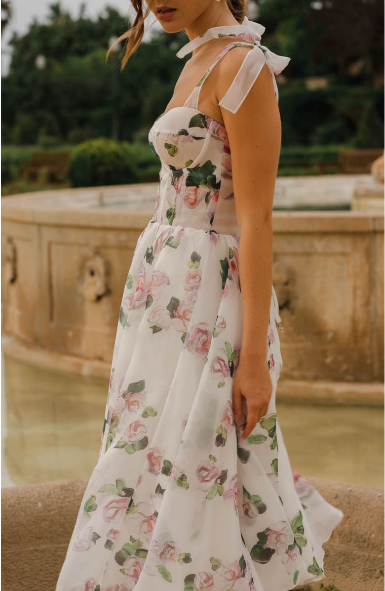 Milla A-Line Satin Floral Midi Dress with Tie Straps for Cocktail Events, Alternate, color, Apple Blossom