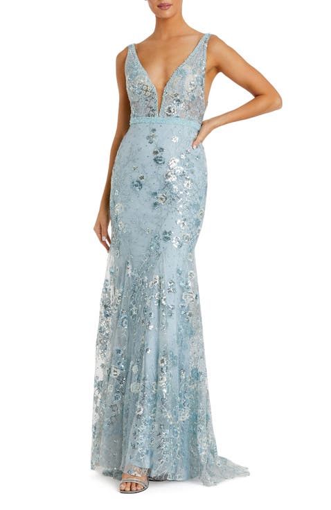 Women's Floral Embellished Sleeveless Plunge Neck Gown