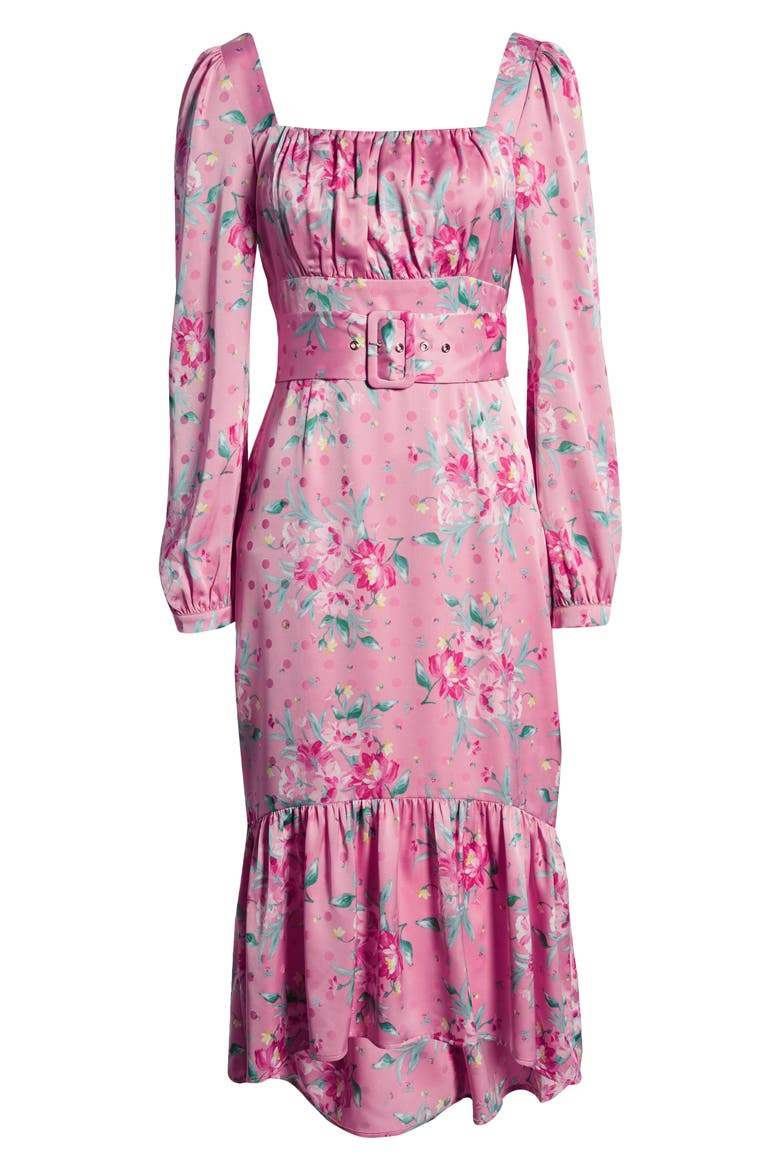 Floral Belted Bustier Long Sleeve Satin Ruffle Dress, Alternate, color, PINK FLORAL DOT JACQUARD