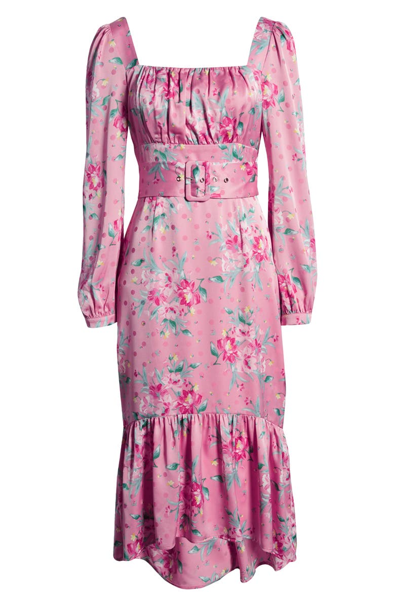 WAYF Floral Belted Bustier Long Sleeve Satin Ruffle Dress, Alternate, color, 