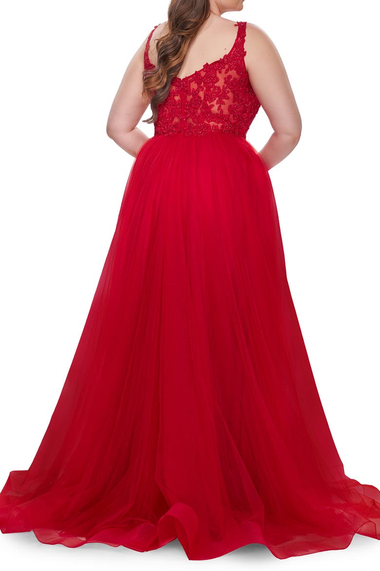 Deep V Plus Size Tulle Dress with Lace Illusion Bodice, Alternate, color, Red