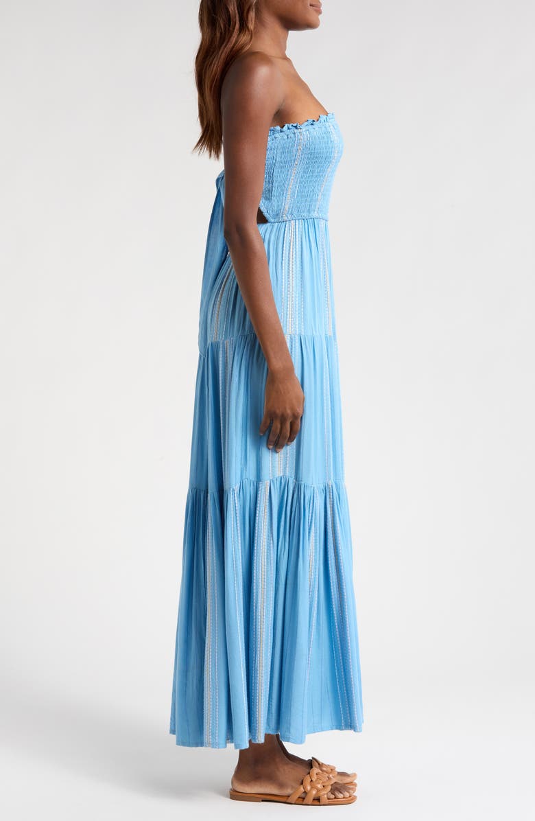 Elan Embroidered Stripe Strapless Tiered Dress, Alternate, color, Blue/ Lilac Stripe