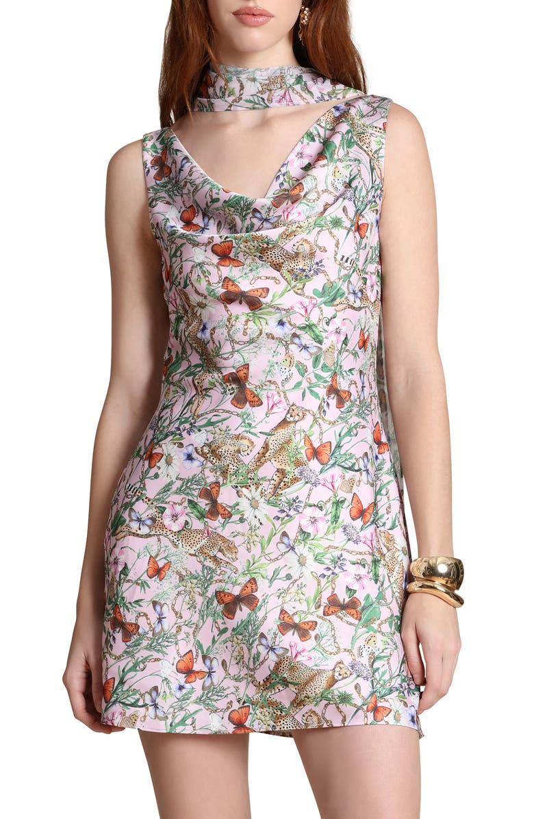 Avec Les Filles Cowl Neck Minidress & Scarf, Alternate, color, Pink Cheetah Scarf