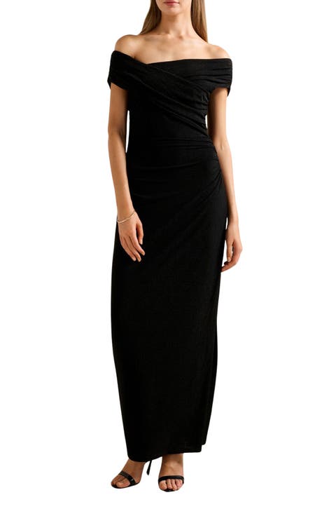 Sandy Glitter Asymmetric Off the Shoulder Evening Dress