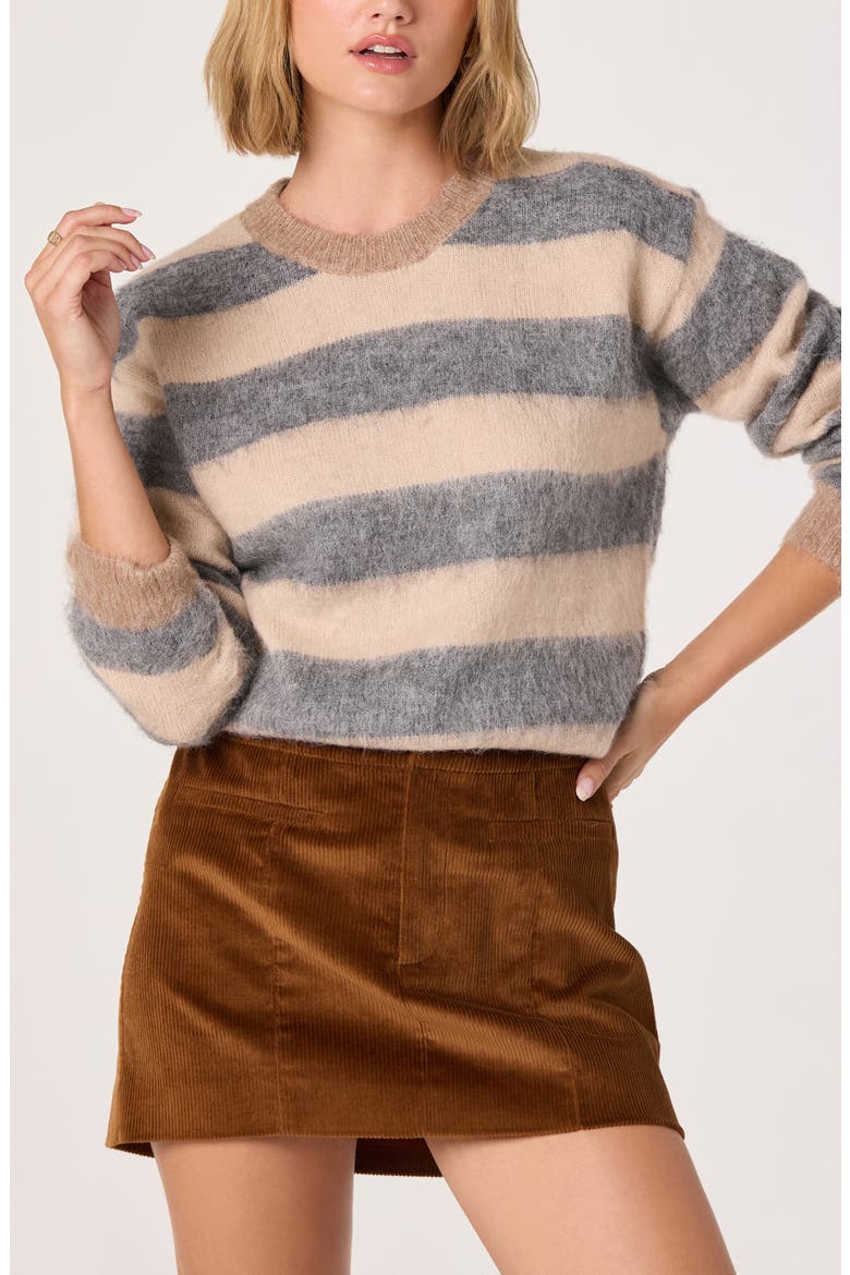 Fuzzy Stripe Crewneck Sweater, Alternate, color, GREY TAN