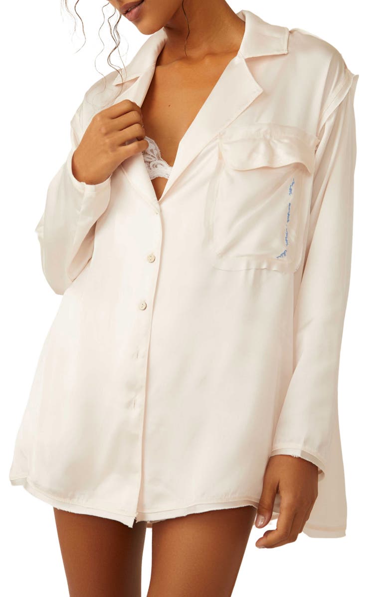 Free People Like Honey Long-Sleeve Satin Pajama Shirt, Main, color,