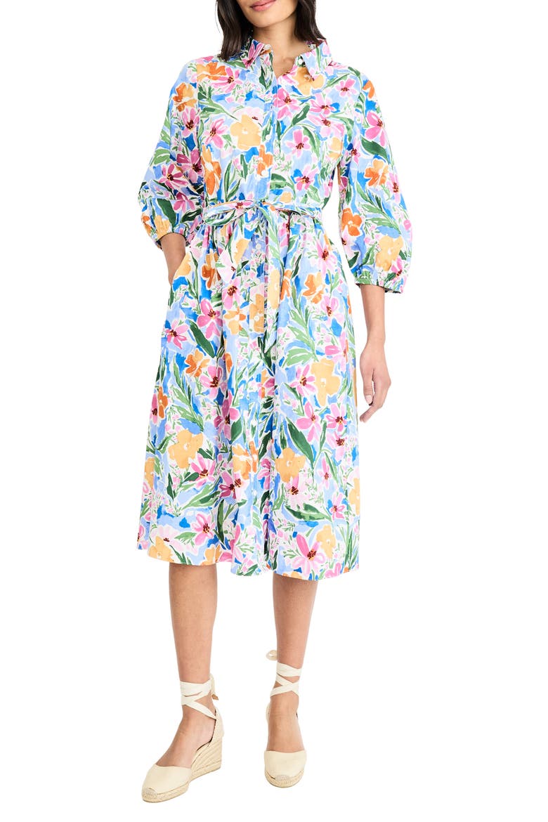 Floral Print Tie Waist Shirtdress, Main, color, SOFT WHITE/ PINK