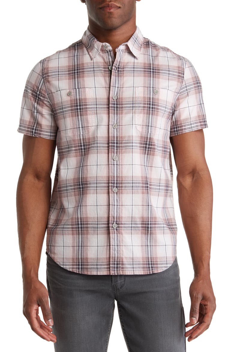 Mason Plaid Short Sleeve Stretch Cotton Button-Up Shirt, Main, color, PINK PLAID