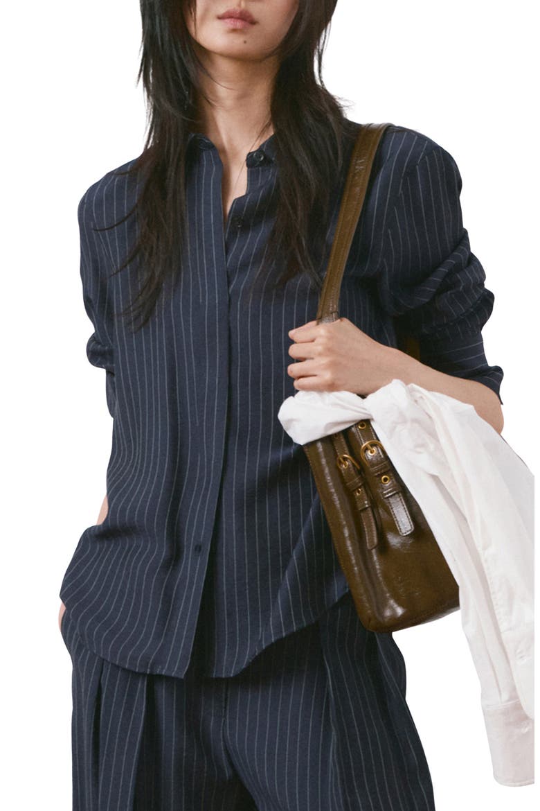 Pinstripe Button-Up Shirt, Main, color, NAVY