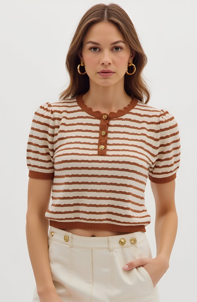 Modenaire Striped Short Sleeve Knit Top with Button Placket and Scallop Trim, Main, color, 