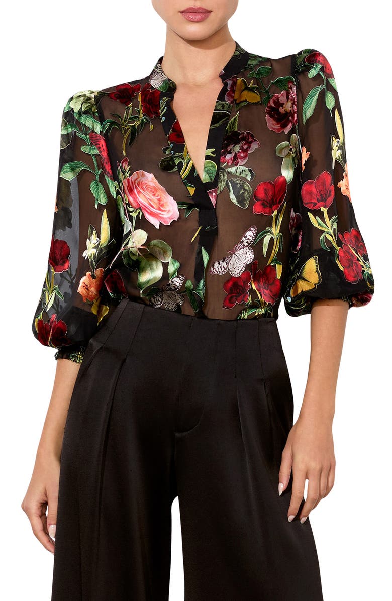 Alice + Olivia Sheila Floral & Butterfly Appliqué Chiffon Top, Main, color,