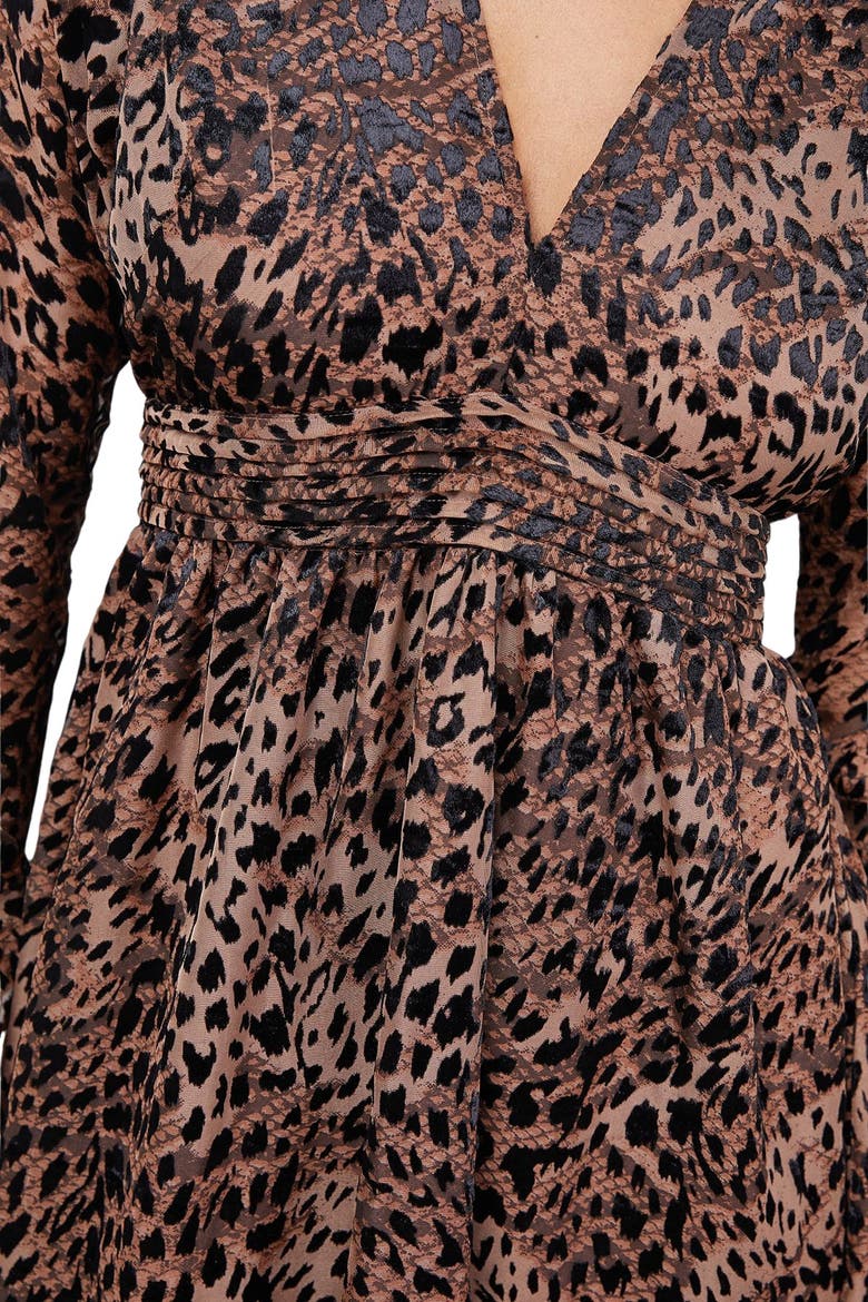 Plunge Neck Waisted Midi Dress, Alternate, color, Animal