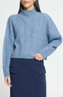 Cropped Cable Knit Mock Neck Sweater