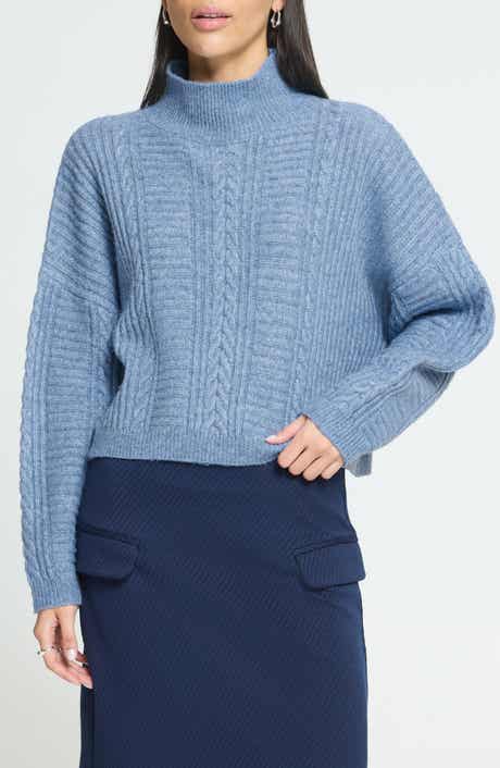 Cropped Cable Knit Mock Neck Sweater