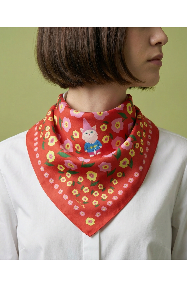 Centinelle Cat Garden Gnome Cotton Silk Bandana, Alternate, color, Red