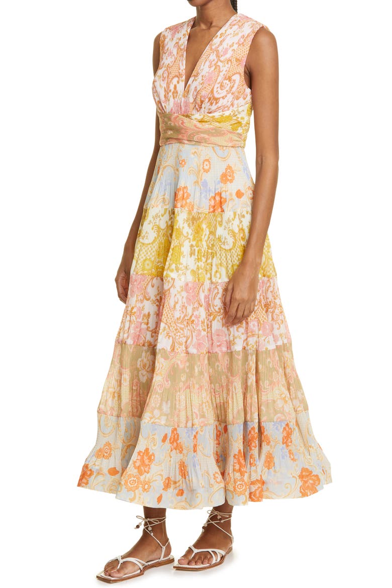 Postcard Pleat Patchwork Midi Dress, Alternate, color, SPLICED
