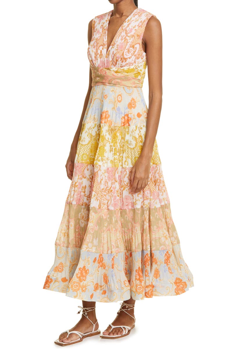 Zimmermann Postcard Pleat Patchwork Midi Dress, Alternate, color, 