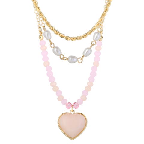 Heart Necklaces for Women 3-Piece Set Gold-Tone, Pink Beads
