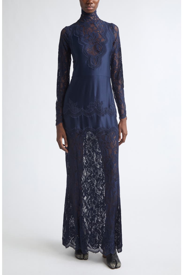 Long Sleeve Lace & Jersey Turtleneck Dress, Main, color, DEEP NAVY