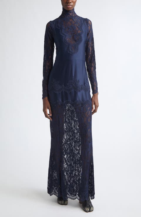 Long Sleeve Lace & Jersey Turtleneck Dress