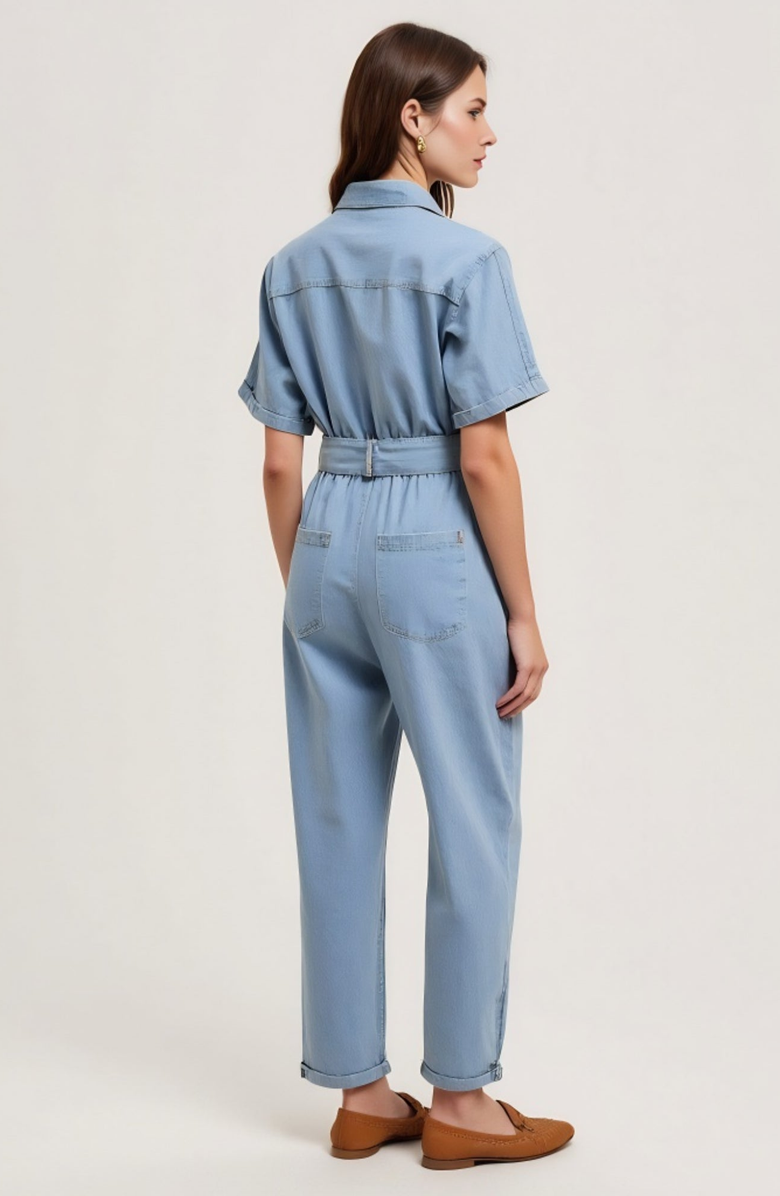 Modenaire Short Sleeve Button Front Tie Waist Rolled Cuff Denim Jumpsuit, Alternate, color, Light Blue