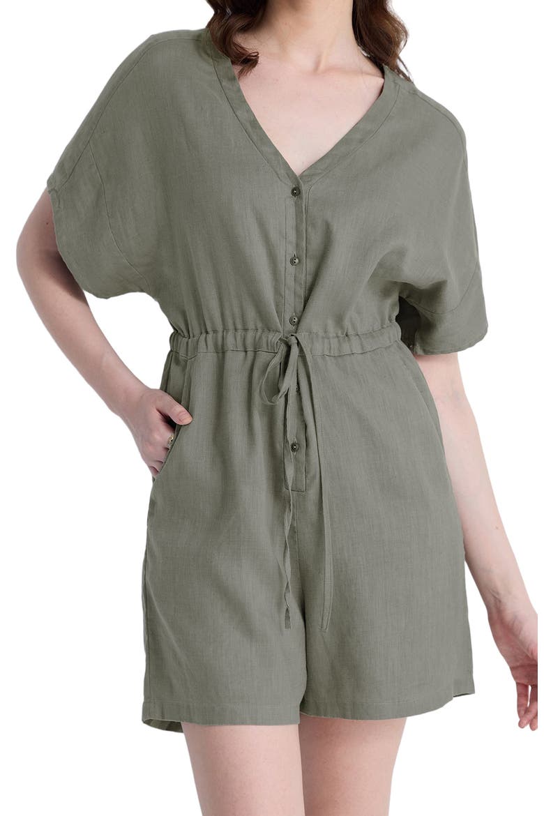 V neck Drawstring Romper, Alternate, color, Dark Green