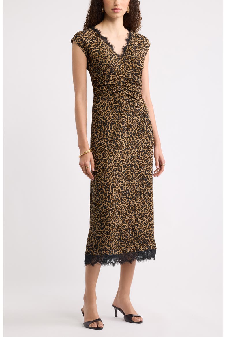 Lace Trim Leopard Print Midi Dress, Main, color, TAN- BLACK LEONE LEOPARD