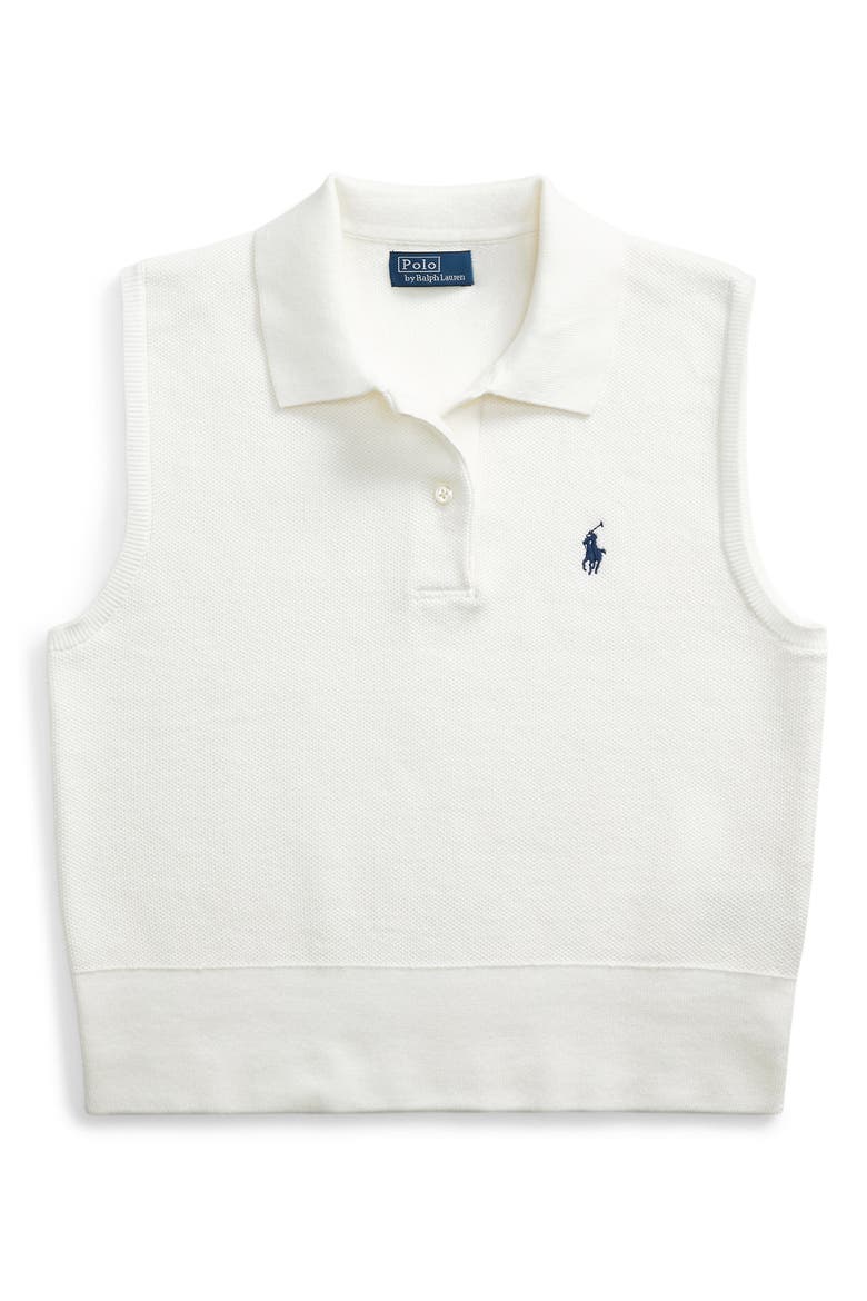 Sleeveless Cotton Blend Piqué Polo Sweater, Alternate, color, WHITE