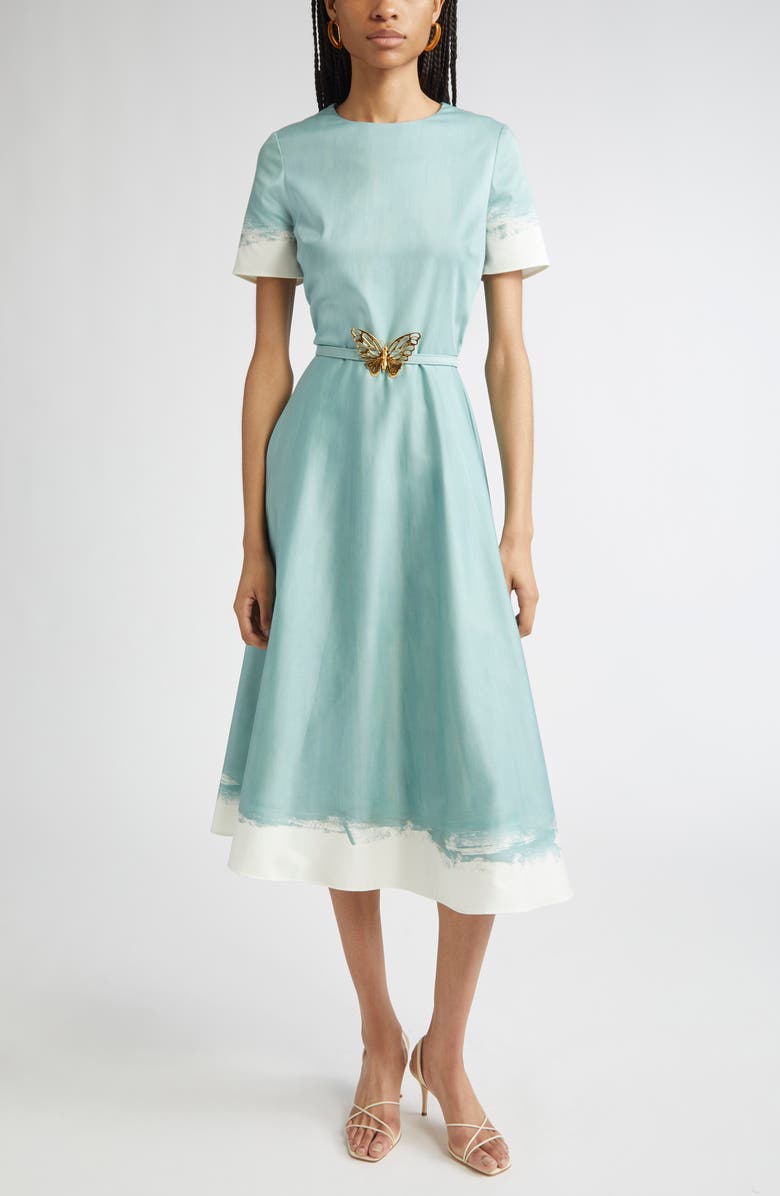 Oscar de la Renta Butterfly Belt Poplin Midi Dress, Main, color, Seaglass