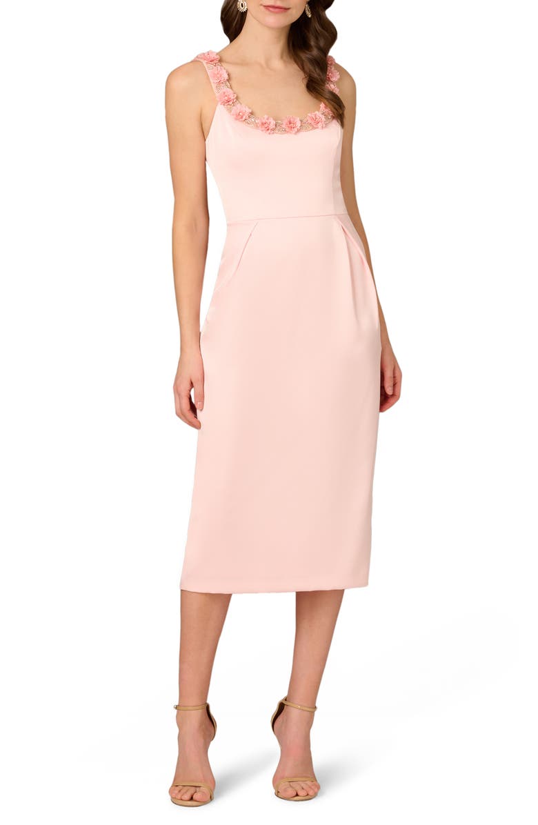Aidan Mattox Floral & Bead Detail Satin Cocktail Midi Dress, Main, color, 