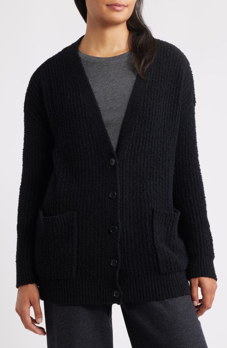 Eileen Fisher Ribbed Boyfriend Cardigan, Alternate, color, Black
