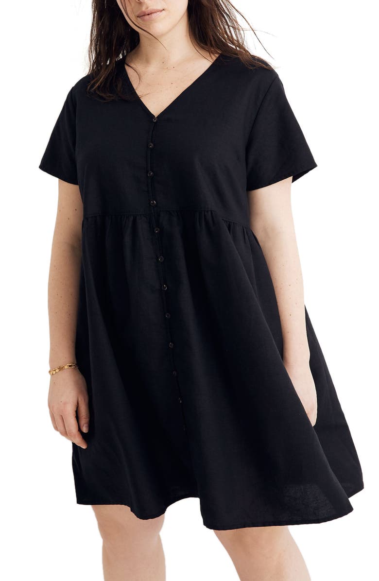 Madewell V-Neck Button Front Linen Blend Minidress, Alternate, color,